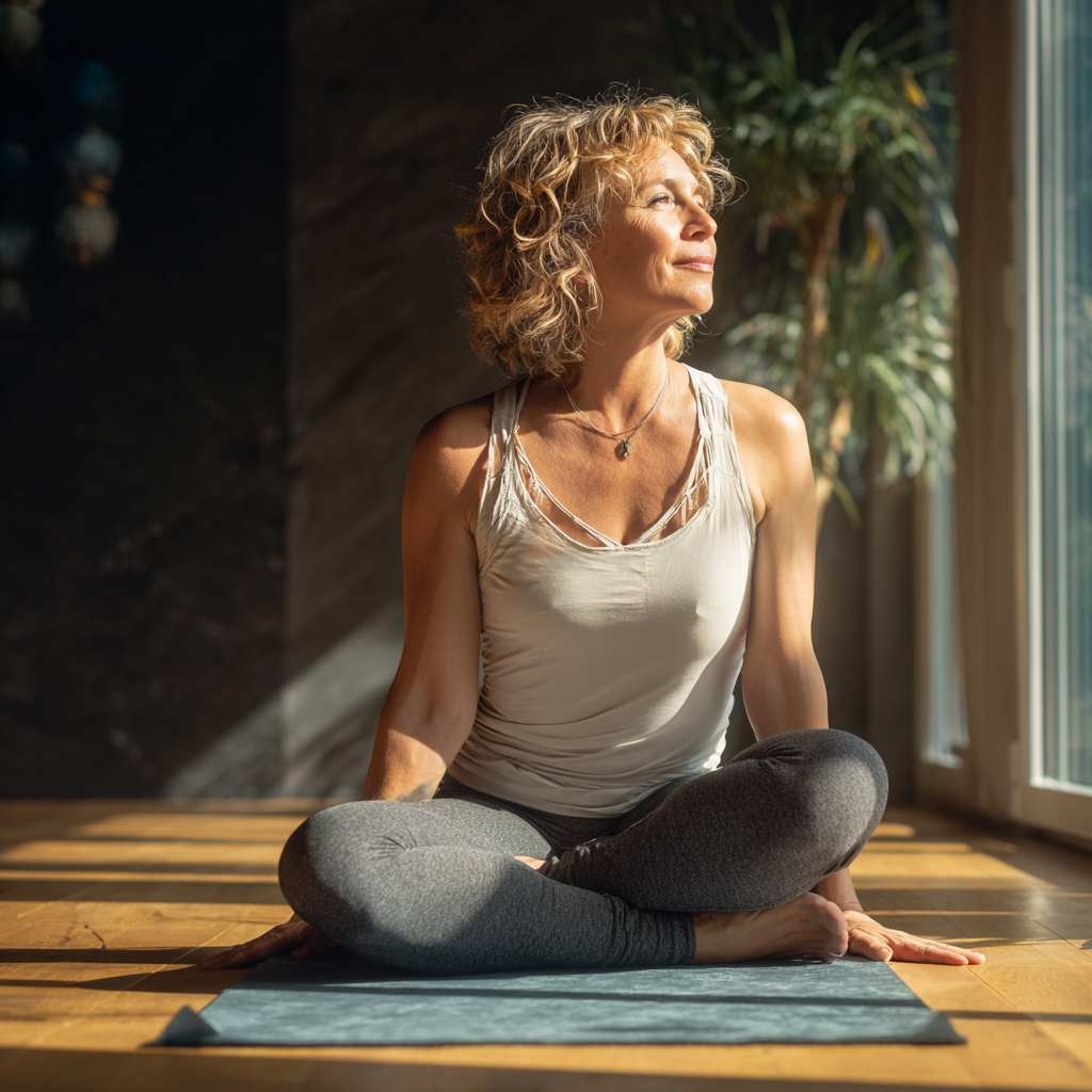 Middle-aged woman practicing gentle yoga stretches on a mat in natural light