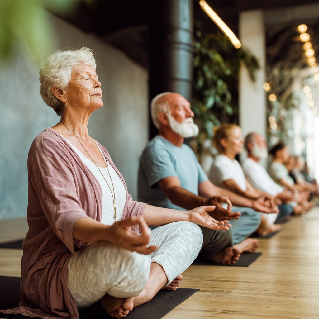 Older adults in comfortable clothing practicing mindful movement in a serene indoor space
